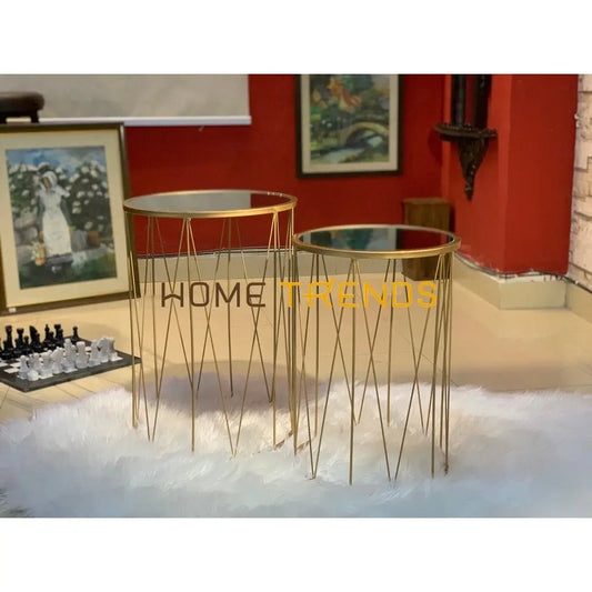 Gold Mirror Top Lined Accent Tables Set Of 2