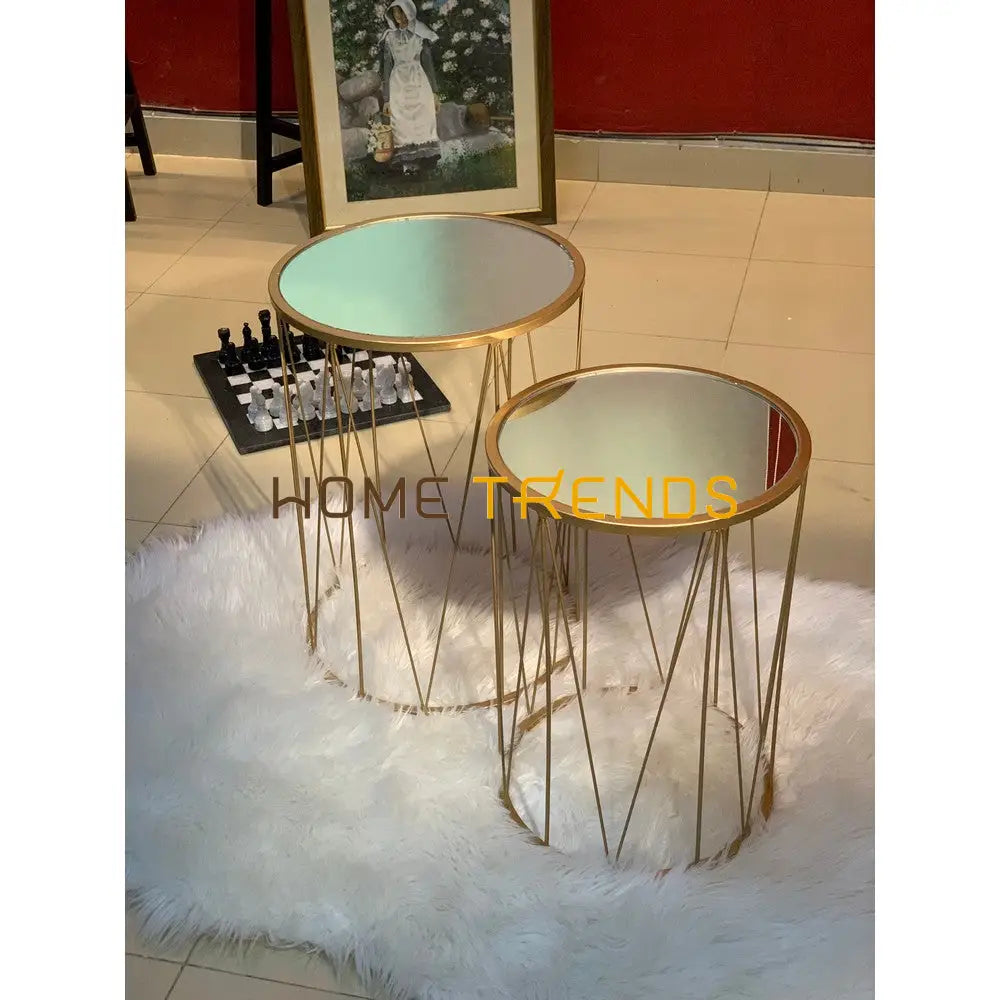 Gold Mirror Top Lined Accent Tables Set Of 2