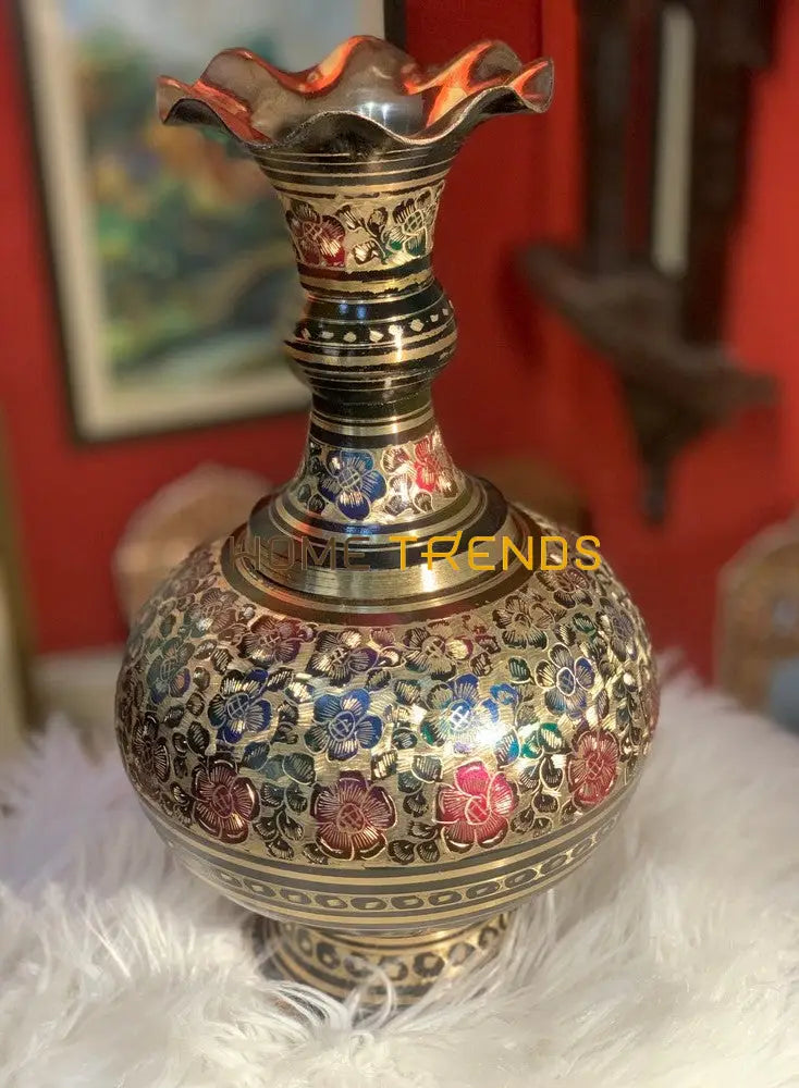 Handcrafted Brass Long Throat Floral Design 16 Vase Vases