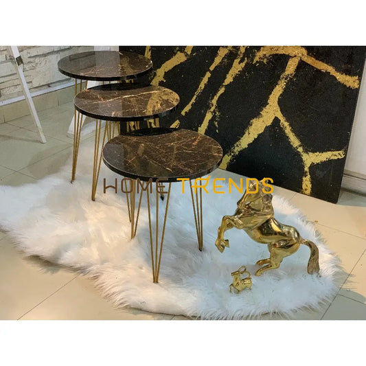 Luxe Black And Gold Round Straight Legs Accent Tables Set Of 3 Nesting