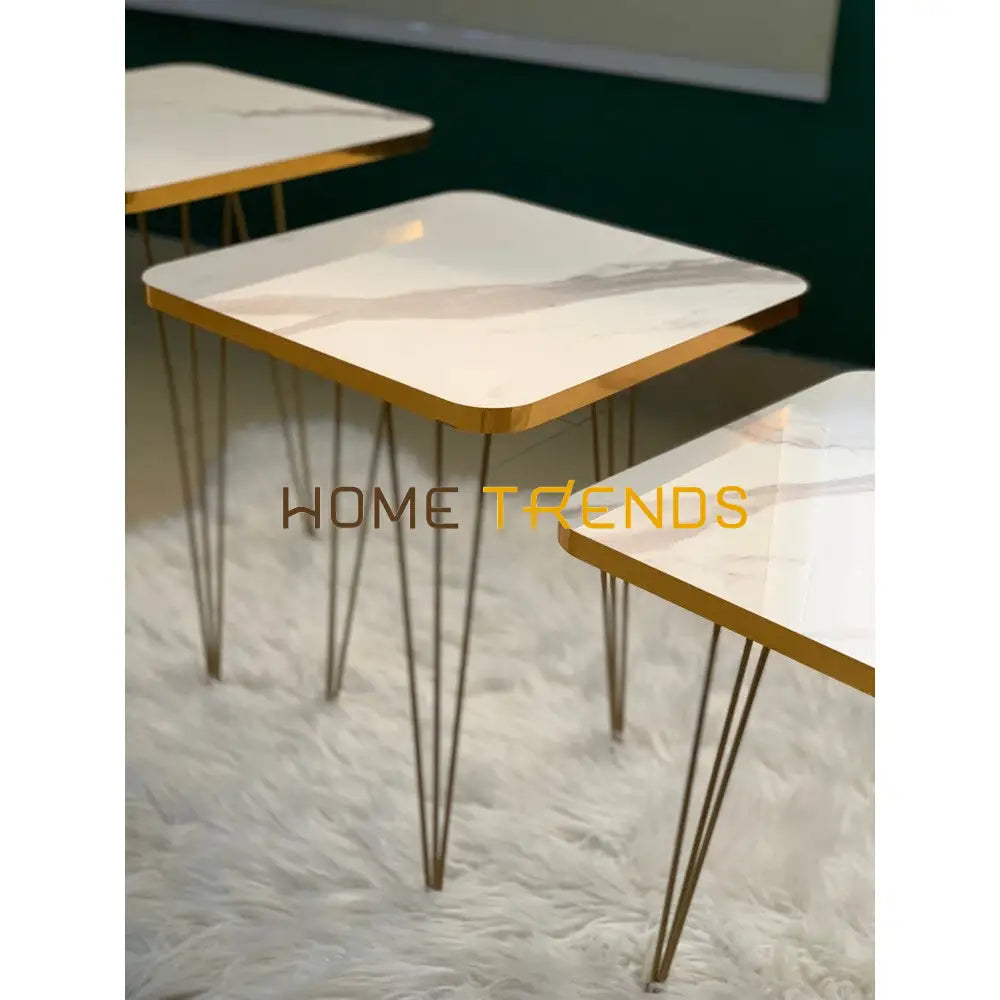 Luxe White And Gold Lines Square Straight Legs Accent Tables Set Of 3 Nesting
