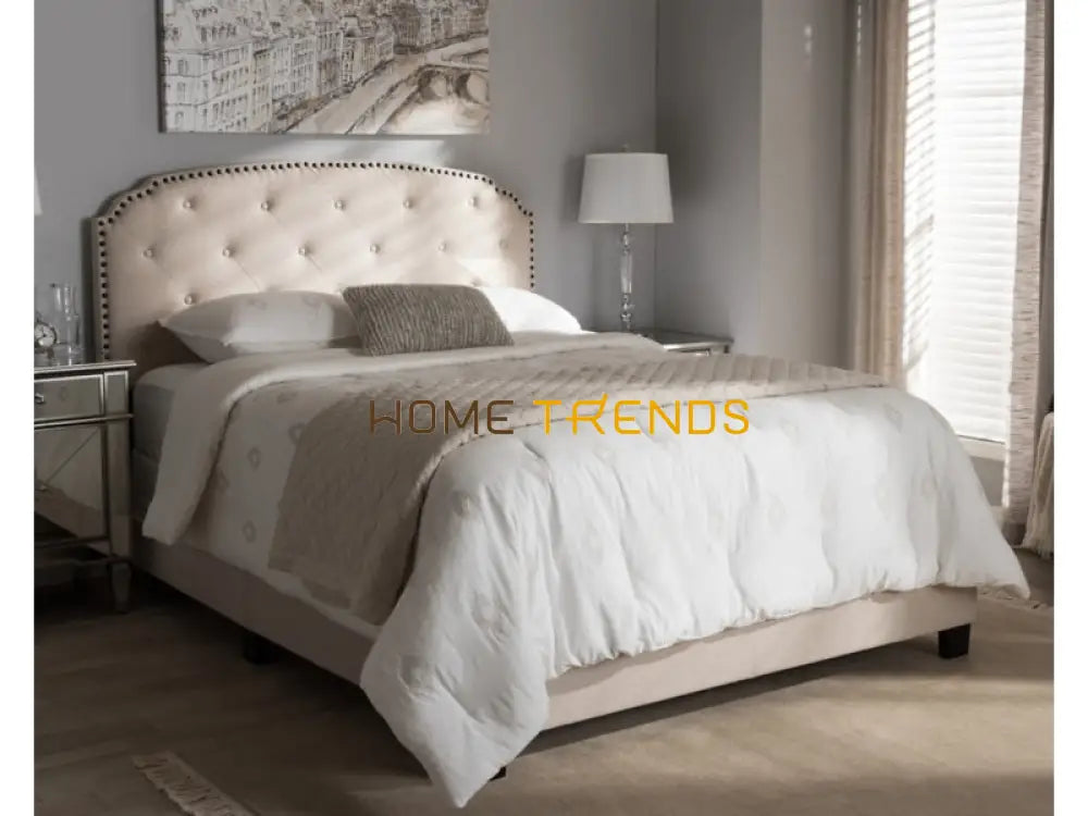 Beige Button Tufted Upholstered Bed