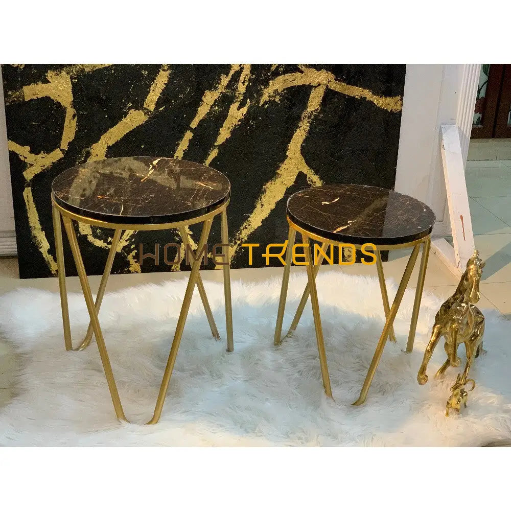 Black And Gold Round Straight Legs Accent Tables Set Of 2