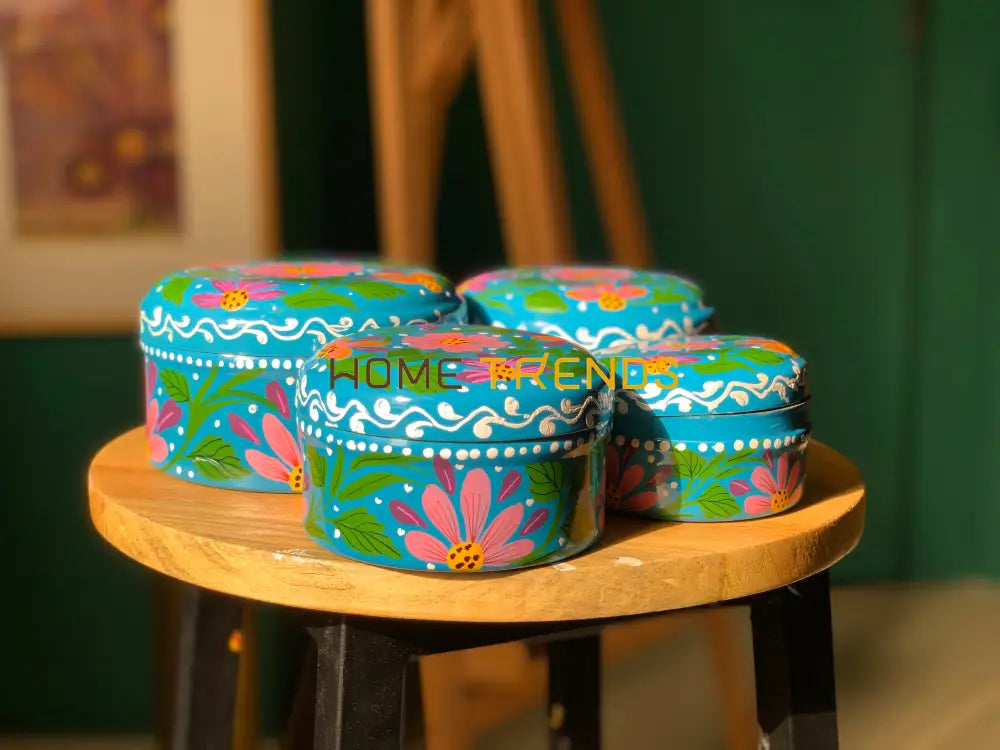Blue Floral Truck Art Metal Tiffin Box Set Of 4 Jewelry Boxes