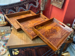 Brass Carved Large Tray Set Serving Trays