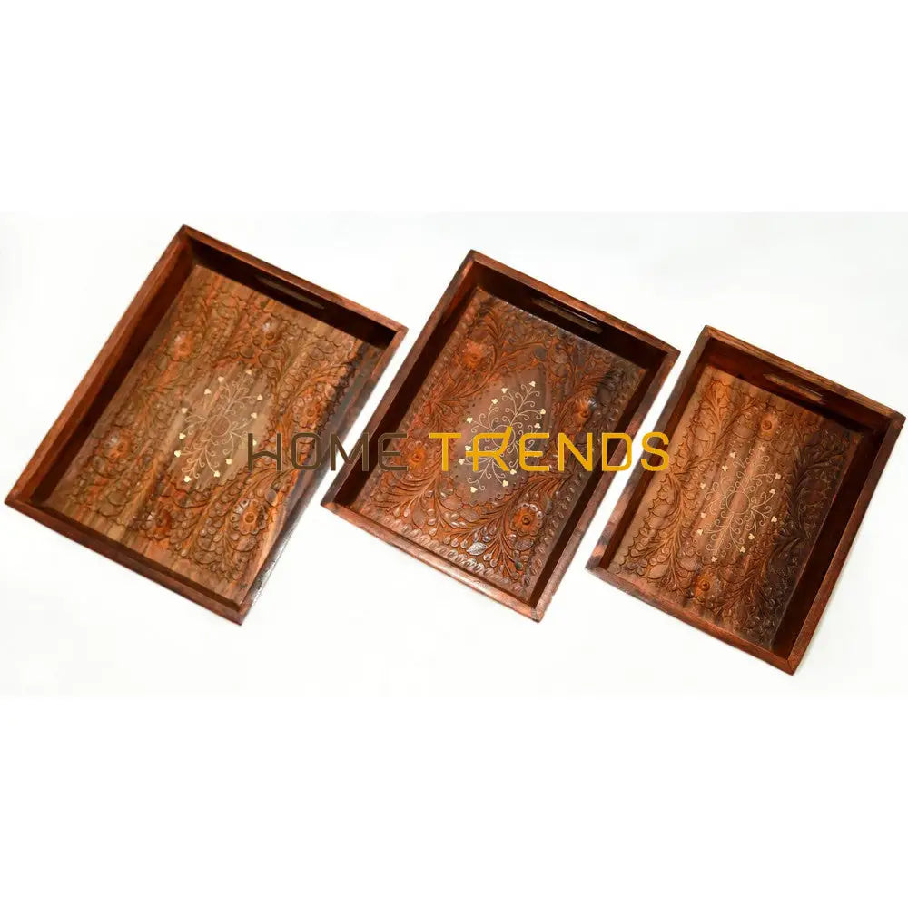Brass Carved Tray Set Floral Design Serving Trays