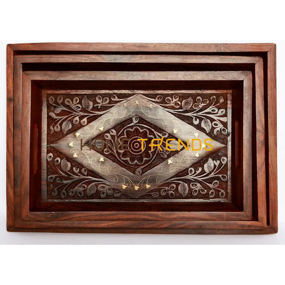 Brass Carved Tray Set Serving Trays