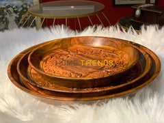 Brass Floral Design Round Carved Small Tray Set Of 3 Serving Trays