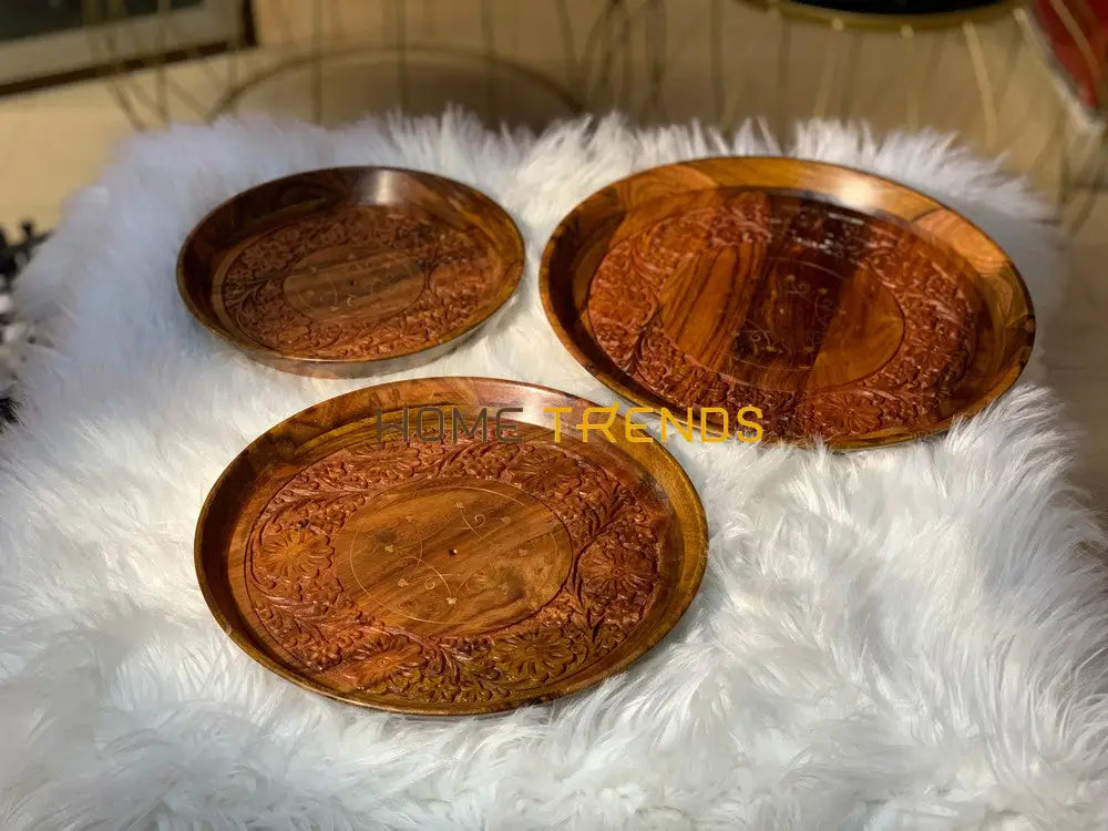 Brass Floral Design Round Carved Small Tray Set Of 3 Serving Trays