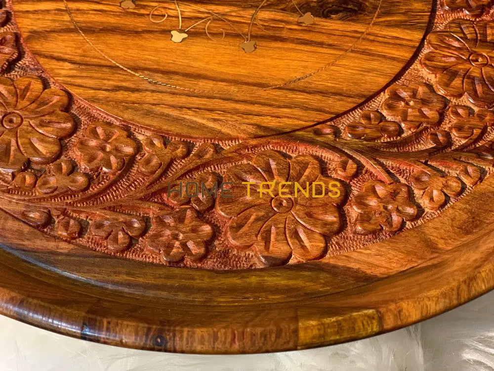 Brass Floral Design Round Carved Small Tray Set Of 3 Serving Trays