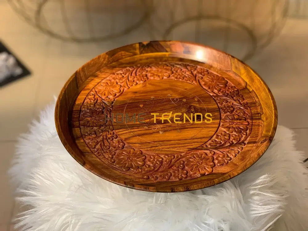 Brass Floral Design Round Carved Small Tray Set Of 3 Serving Trays