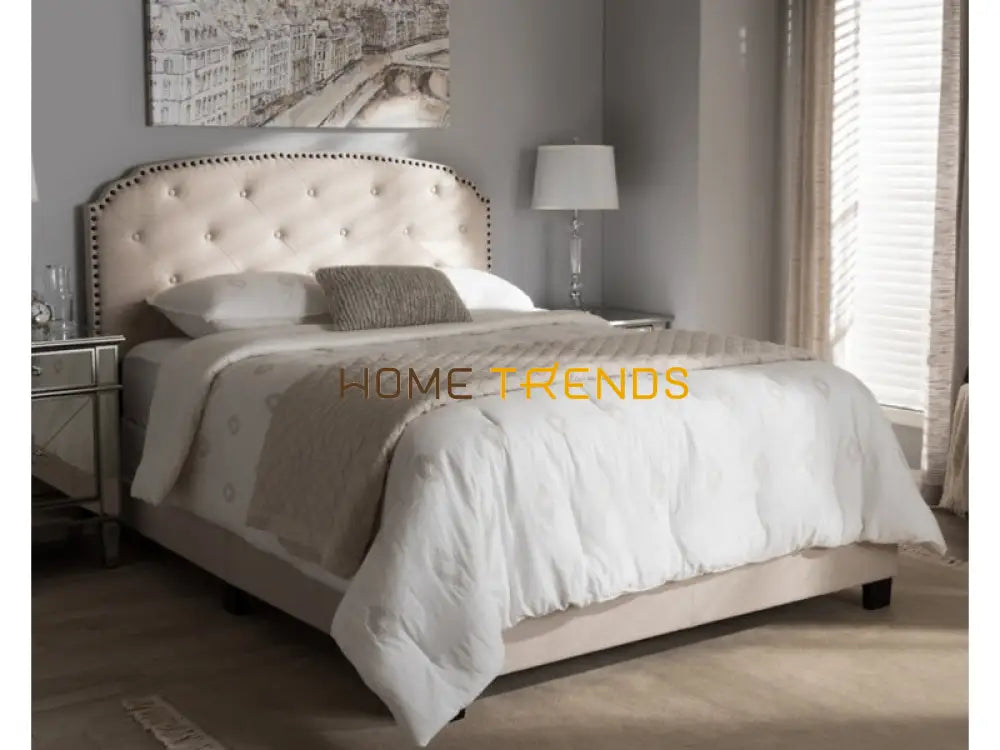 Button Tufted Beige Upholstered Bed
