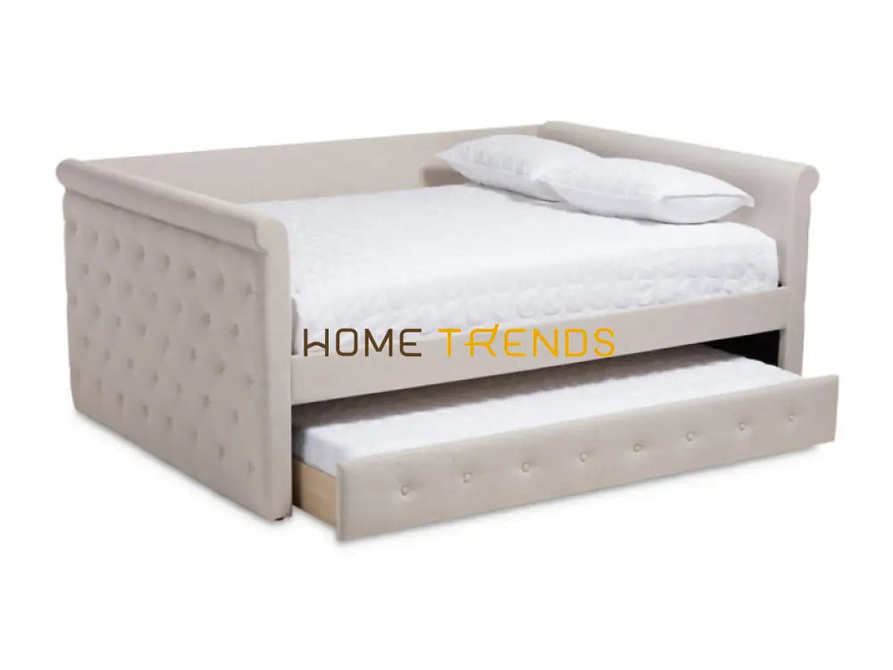 Button Tufted Beige Upholstered Daybed with Trundle