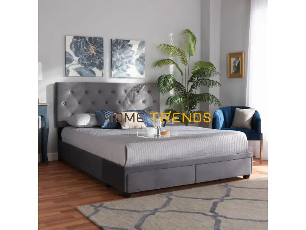 Caronia Gray Velvet Upholstered Platform Storage Bed