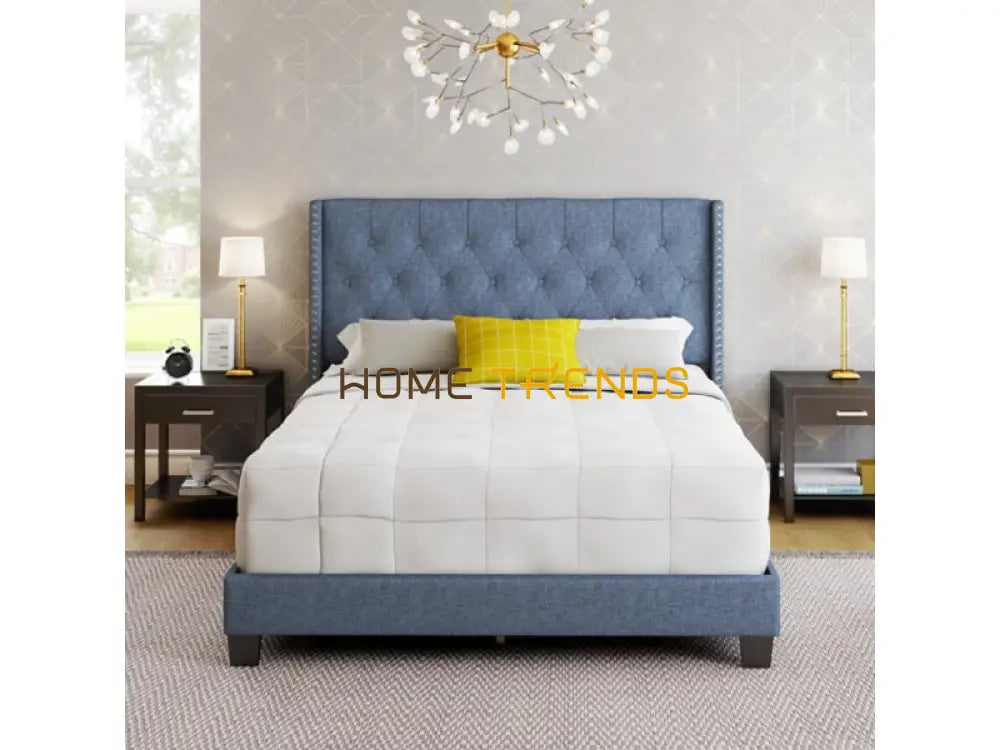 Caroun Blue Linen Upholstered Platform Bed