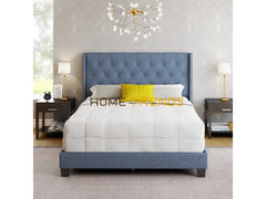 Caroun Blue Linen Upholstered Platform Bed