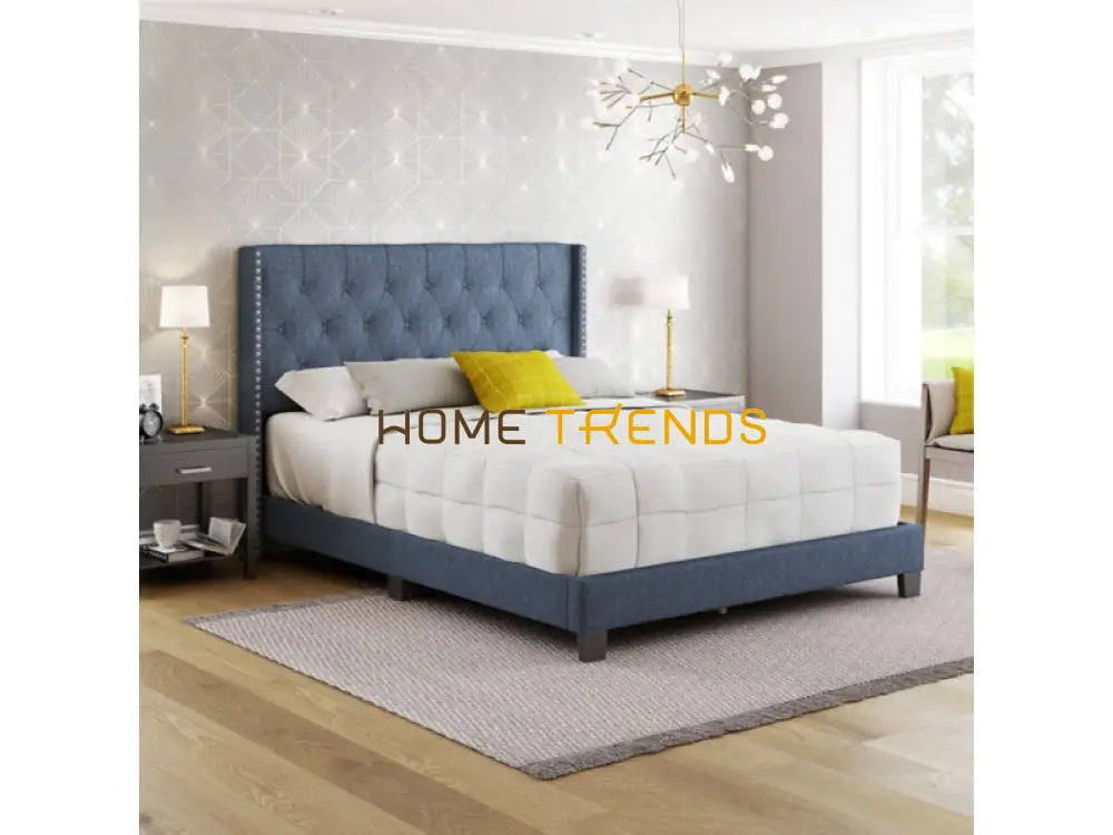 Caroun Blue Linen Upholstered Platform Bed