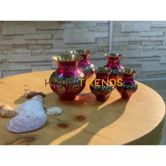 Handcrafted Brass Pink Gharvi Set Of 5 Vessels