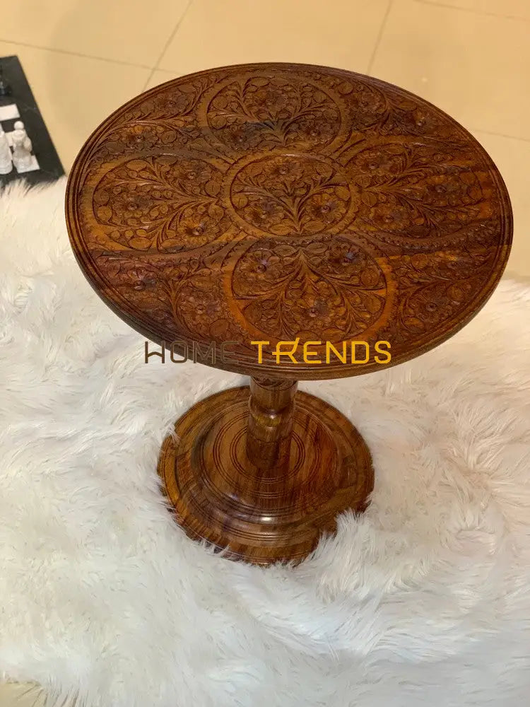 Handmade Wooden Round 18 Carving Table Accent Tables