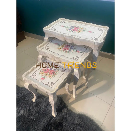 Legacy Chalky White Hand Painted Floral Nesting Table Set Of 3 Tables