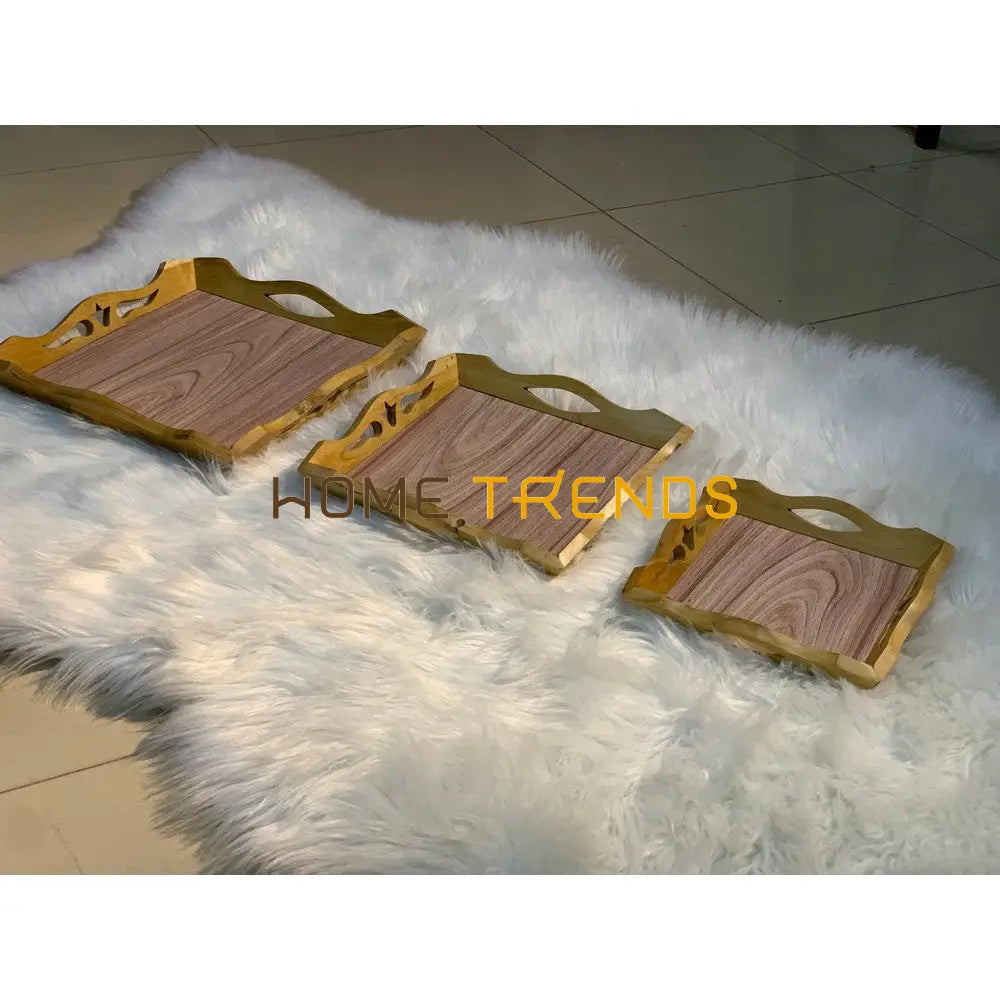 Light Brown Curved Design Tray Set Of 3 Serving Trays