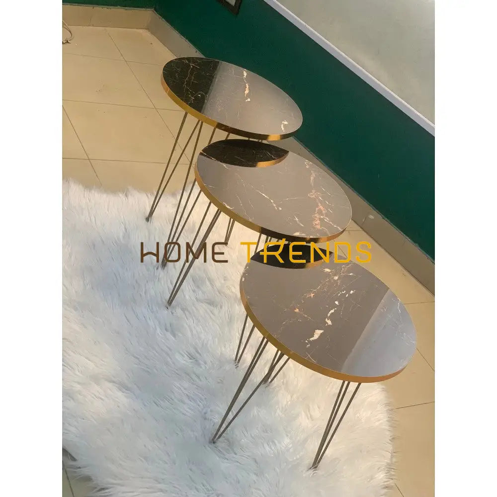 Luxe Black And Gold Lines Round Straight Legs Accent Tables Set Of 3 Nesting