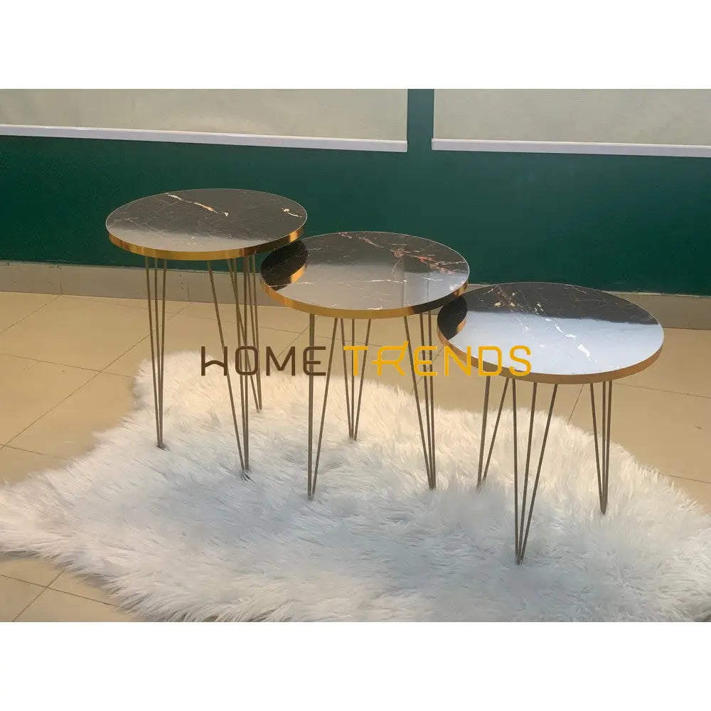 Luxe Black And Gold Lines Round Straight Legs Accent Tables Set Of 3 Nesting