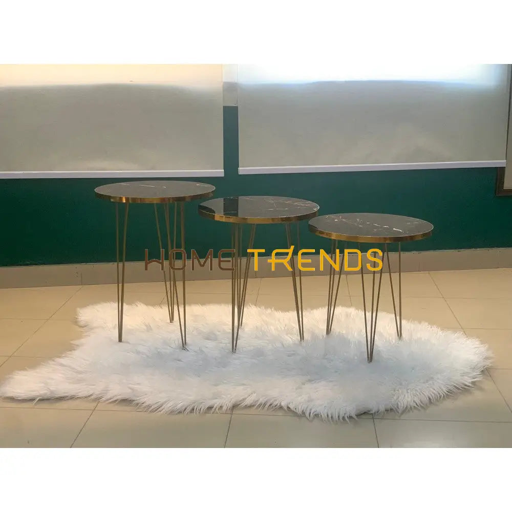Luxe Black And Gold Lines Round Straight Legs Accent Tables Set Of 3 Nesting