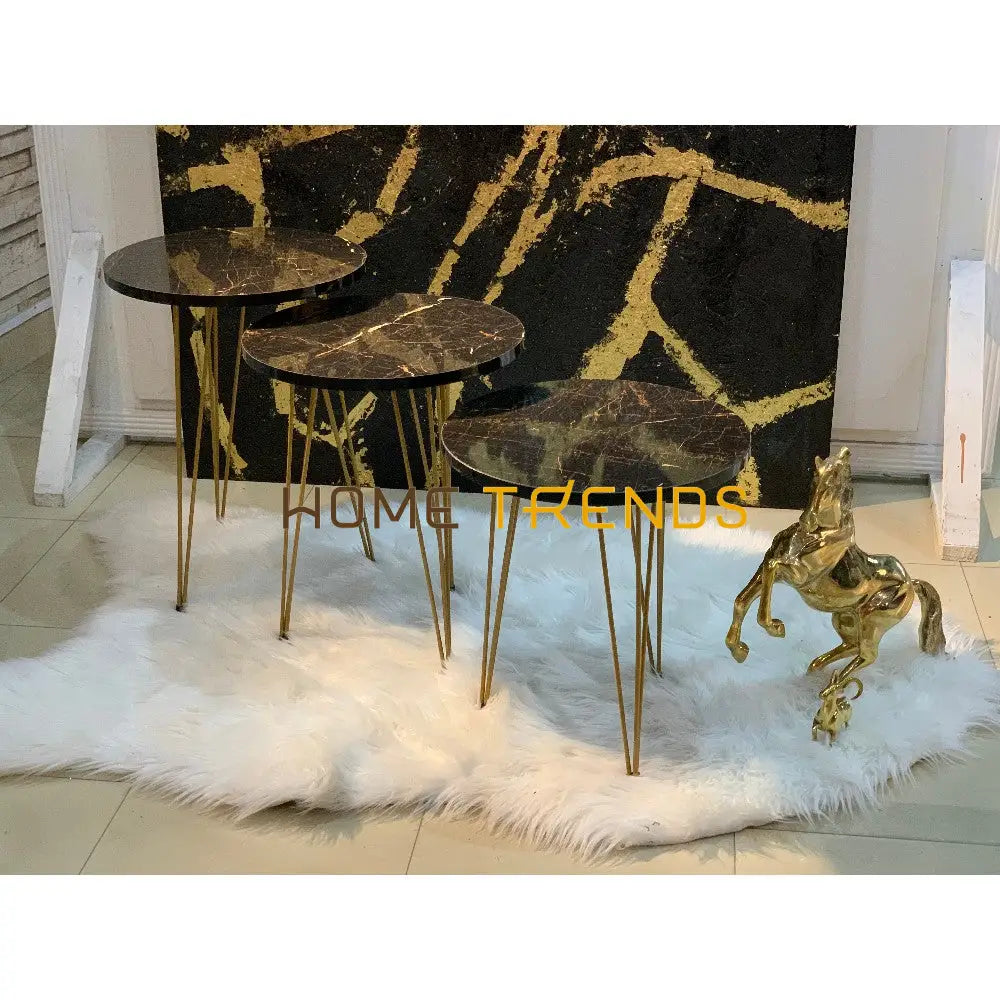 Luxe Black And Gold Round Straight Legs Accent Tables Set Of 3 Nesting