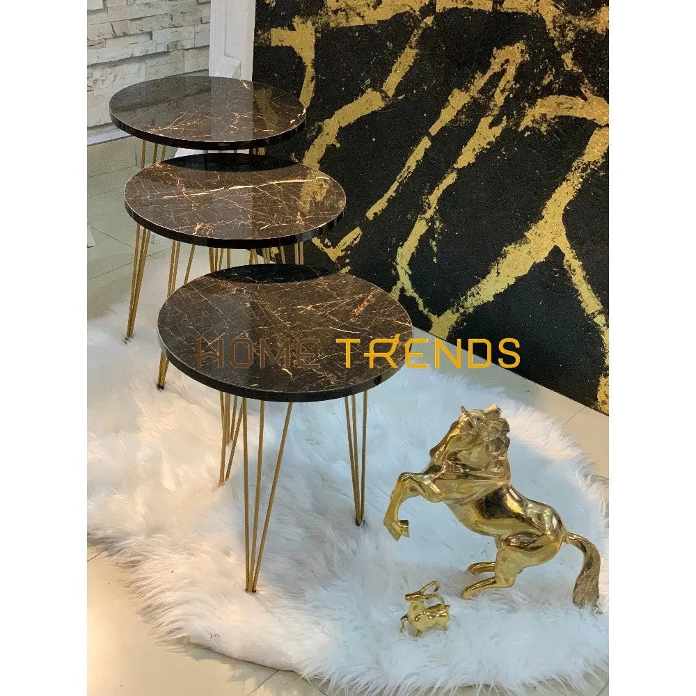 Luxe Black And Gold Round Straight Legs Accent Tables Set Of 3 Nesting