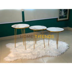 Luxe White And Gold Lines Round Straight Legs Accent Tables Set Of 3 Nesting