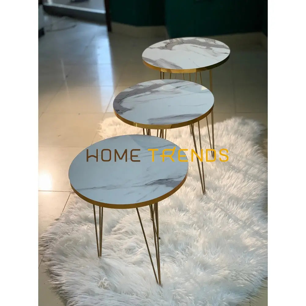Luxe White And Gold Lines Round Straight Legs Accent Tables Set Of 3 Nesting