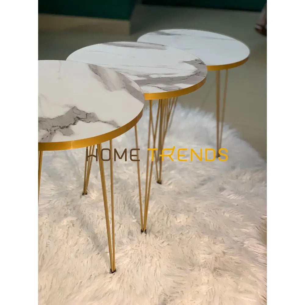 Luxe White And Gold Lines Round Straight Legs Accent Tables Set Of 3 Nesting