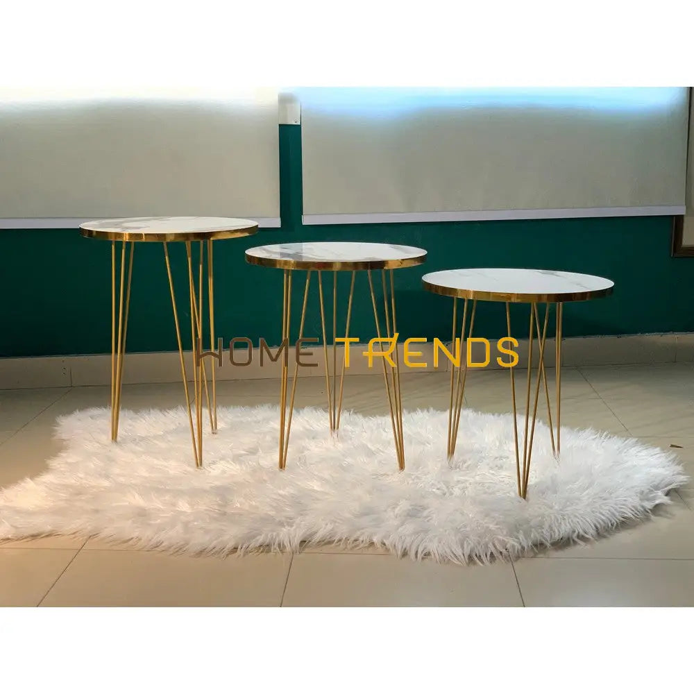 Luxe White And Gold Lines Round Straight Legs Accent Tables Set Of 3 Nesting