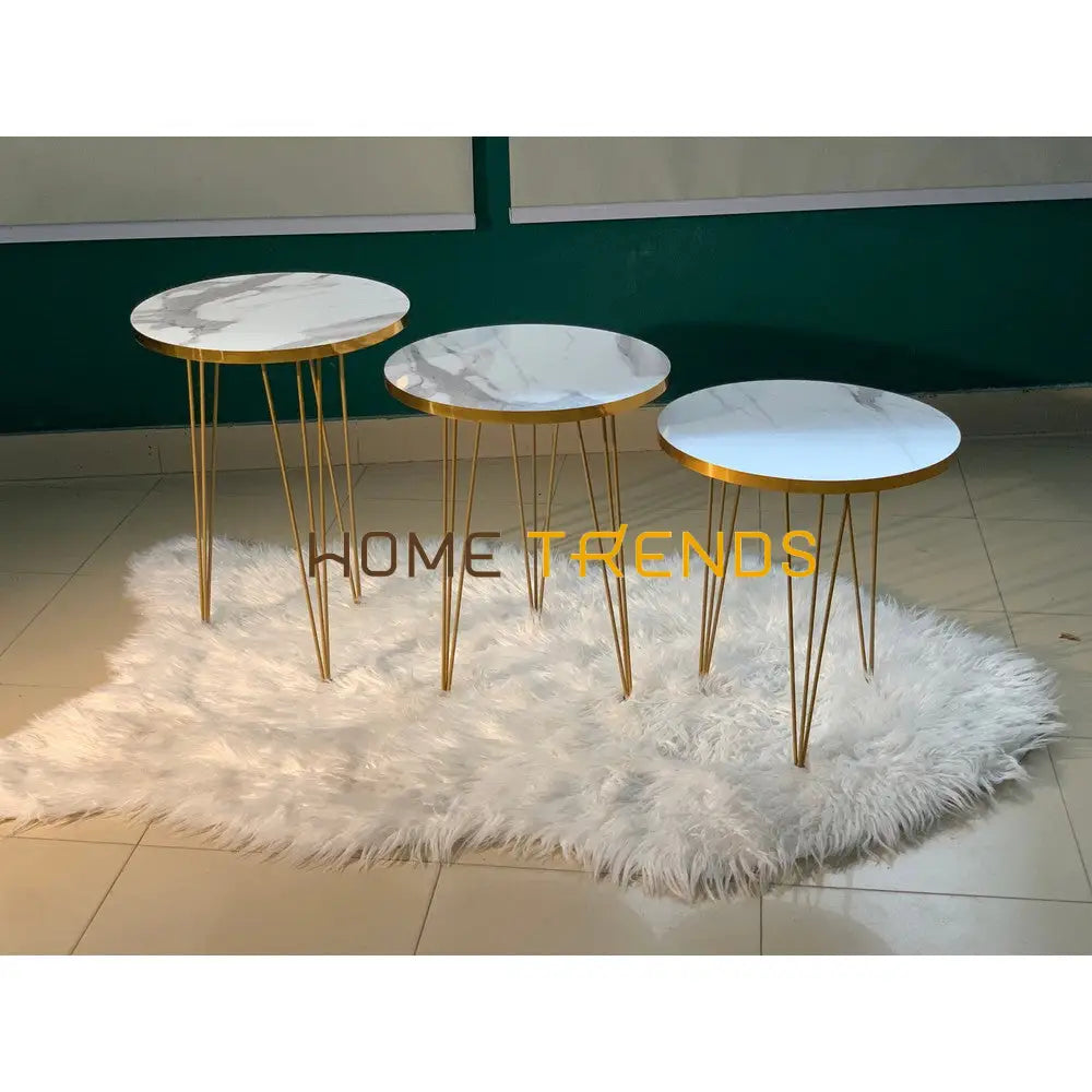Luxe White And Gold Lines Round Straight Legs Accent Tables Set Of 3 Nesting