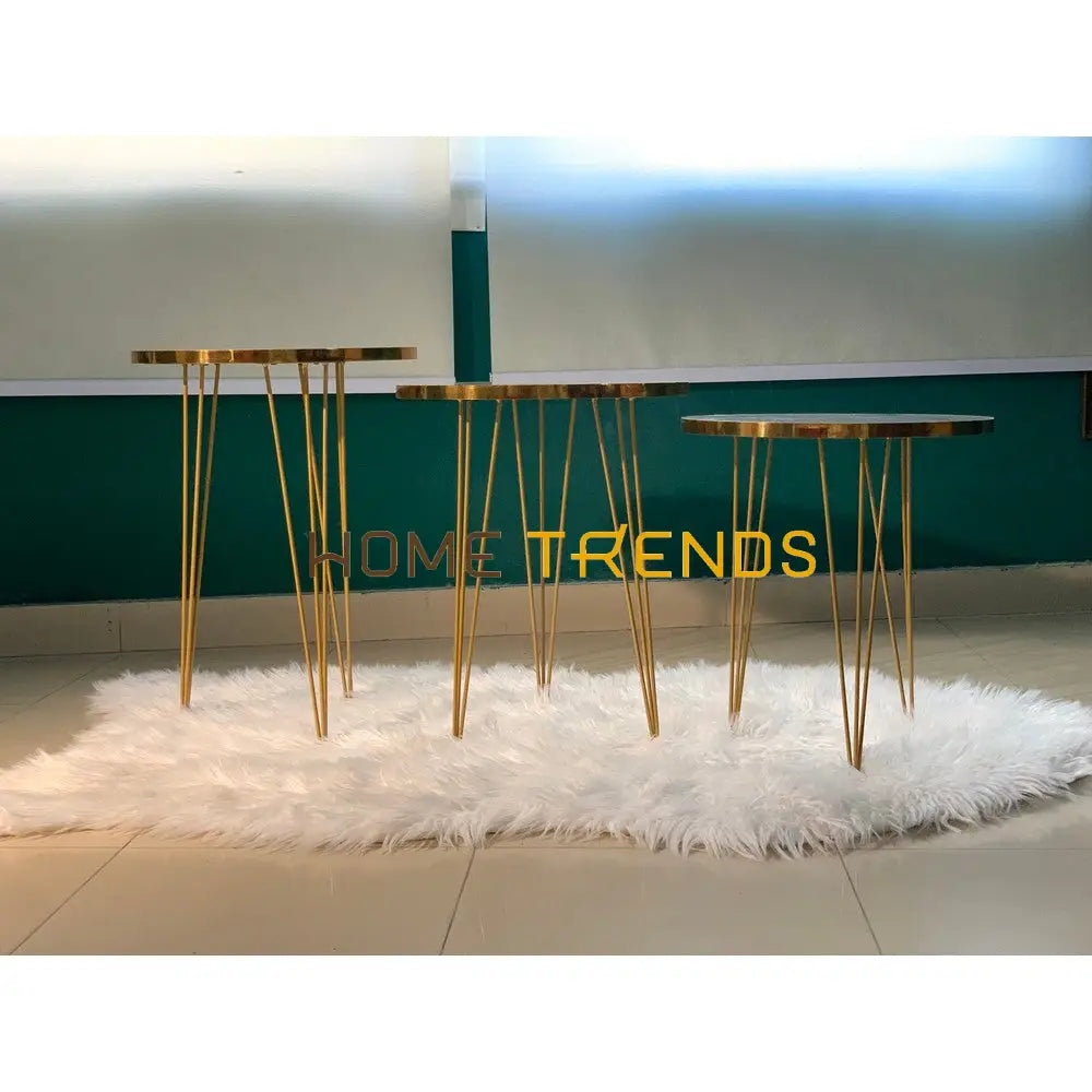 Luxe White And Gold Lines Round Straight Legs Accent Tables Set Of 3 Nesting