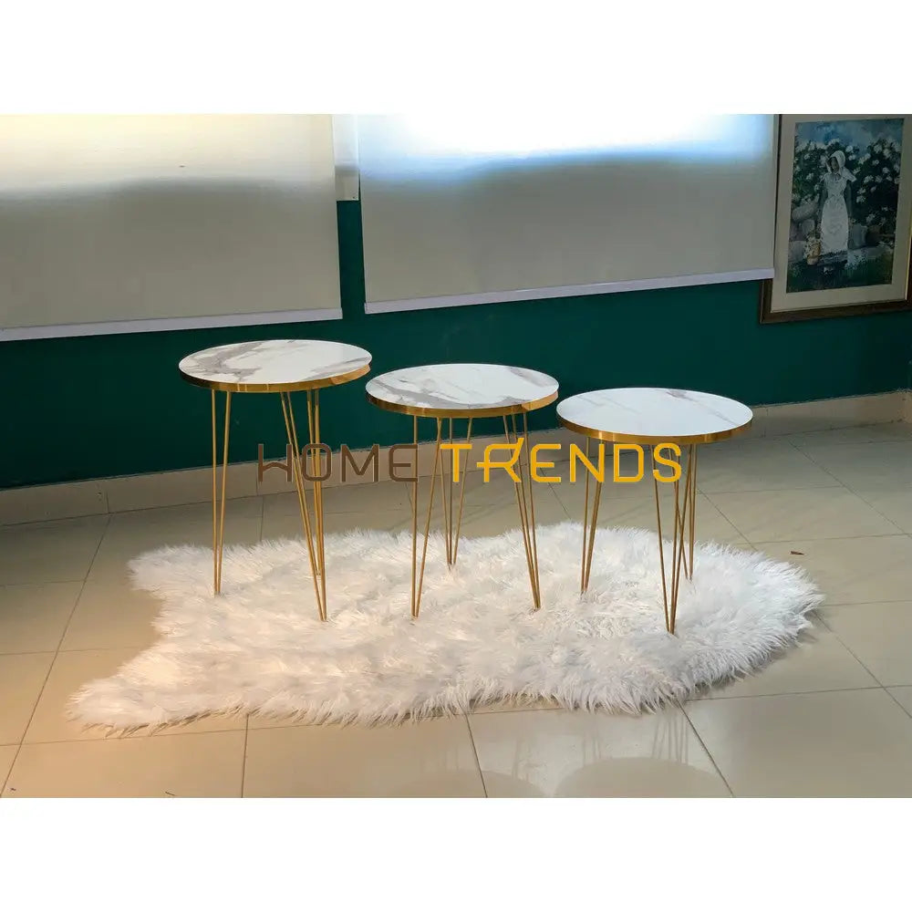 Luxe White And Gold Lines Round Straight Legs Accent Tables Set Of 3 Nesting