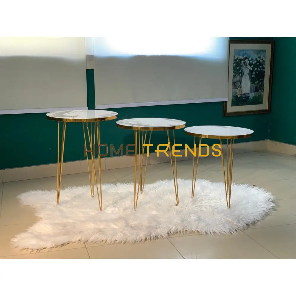 Luxe White And Gold Lines Round Straight Legs Accent Tables Set Of 3 Nesting