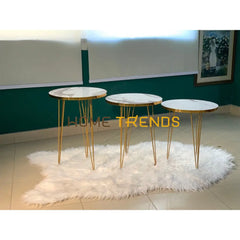 Luxe White And Gold Lines Round Straight Legs Accent Tables Set Of 3 Nesting