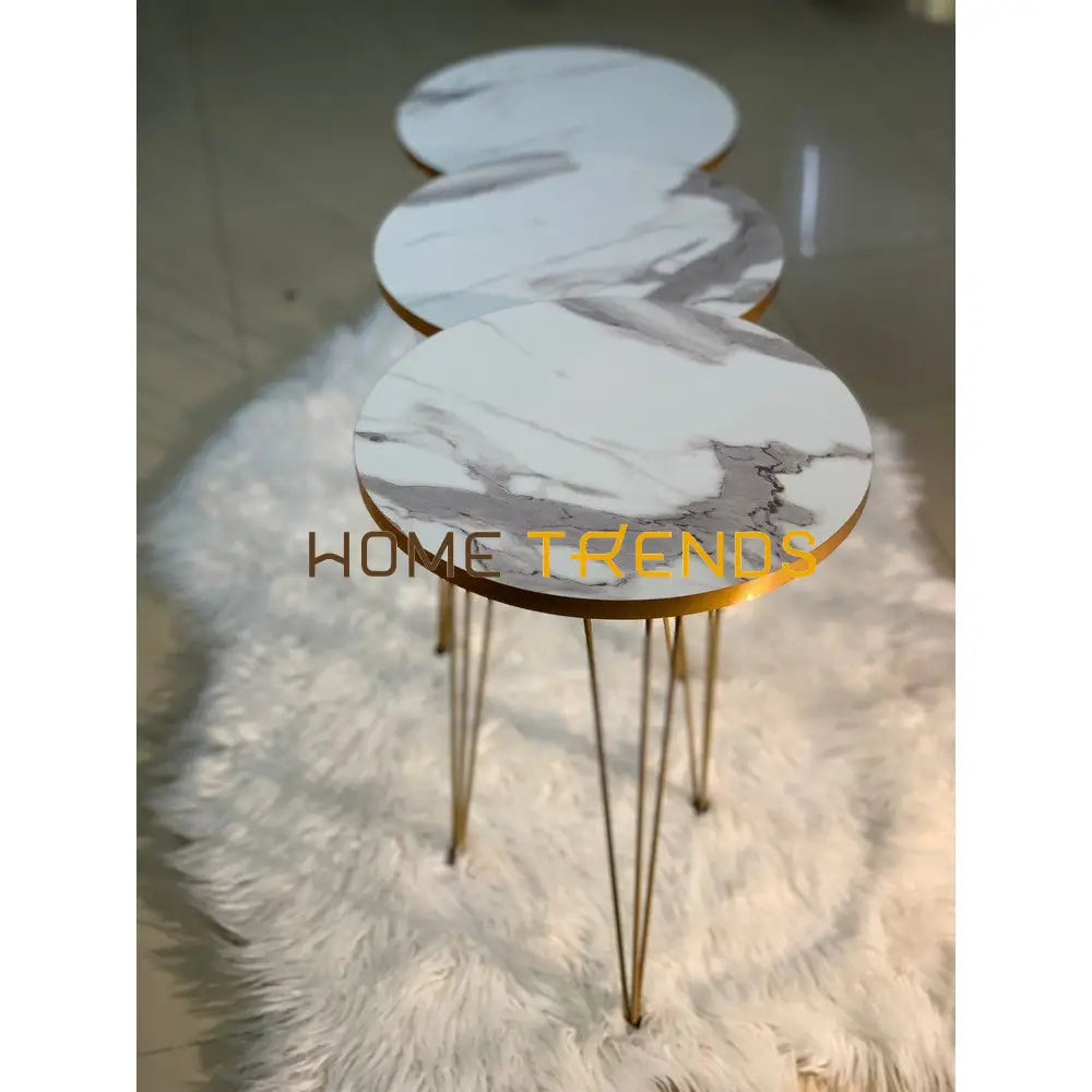 Luxe White And Gold Lines Round Straight Legs Accent Tables Set Of 3 Nesting