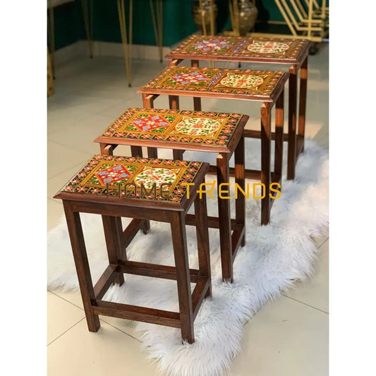 Swati Straight Legs Solid Wood Hand Painted Nesting Table Set Of 4 Tables
