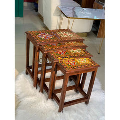 Swati Straight Legs Solid Wood Hand Painted Nesting Table Set Of 4 Tables