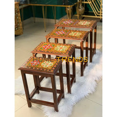 Swati Straight Legs Solid Wood Hand Painted Nesting Table Set Of 4 Tables