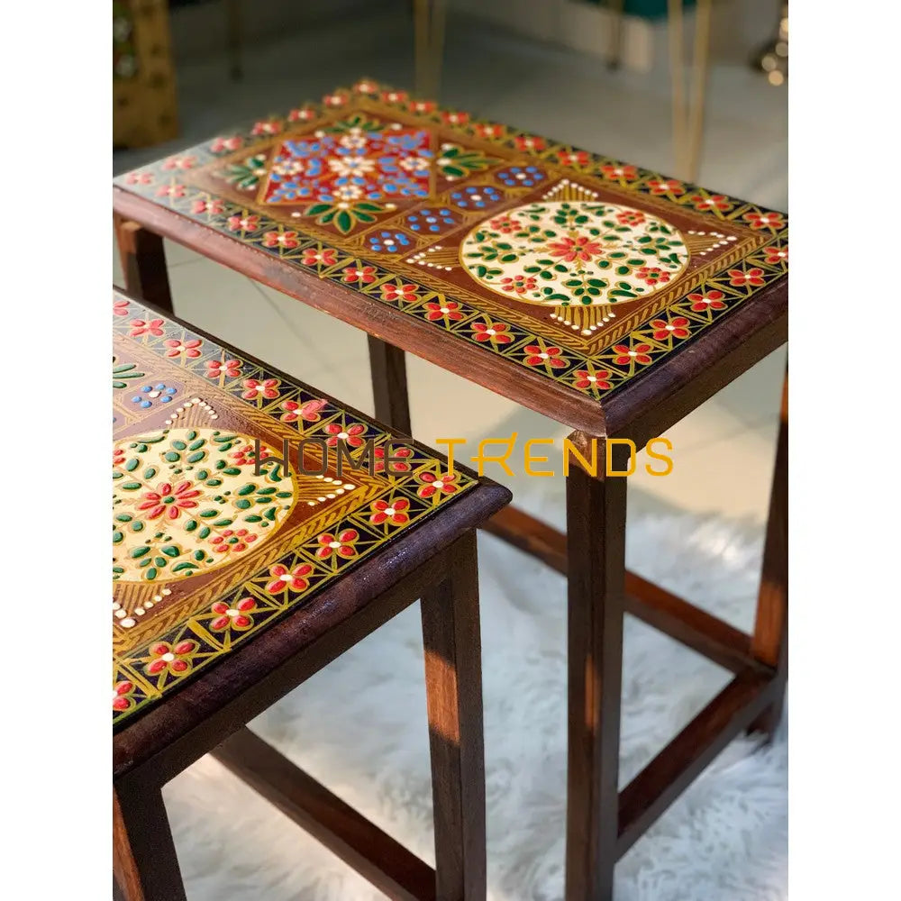 Swati Straight Legs Solid Wood Hand Painted Nesting Table Set Of 4 Tables