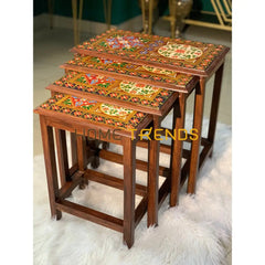 Swati Straight Legs Solid Wood Hand Painted Nesting Table Set Of 4 Tables