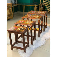 Swati Straight Legs Solid Wood Hand Painted Nesting Table Set Of 4 Tables
