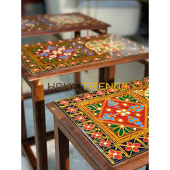 Swati Straight Legs Solid Wood Hand Painted Nesting Table Set Of 4 Tables