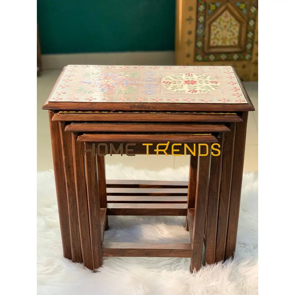 Swati Straight Legs Solid Wood Hand Painted Nesting Table Set Of 4 Tables