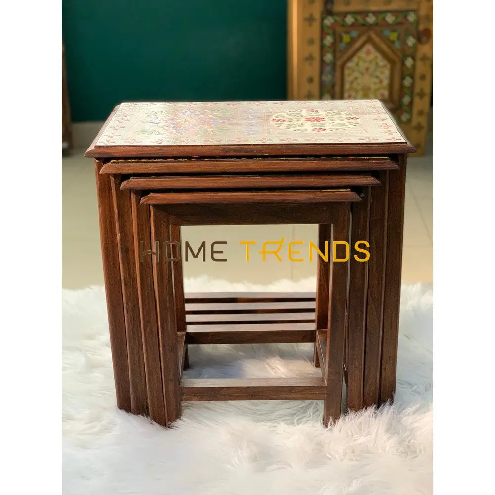 Swati Straight Legs Solid Wood Hand Painted Nesting Table Set Of 4 Tables