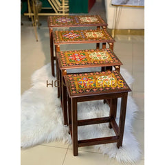 Swati Straight Legs Solid Wood Hand Painted Nesting Table Set Of 4 Tables